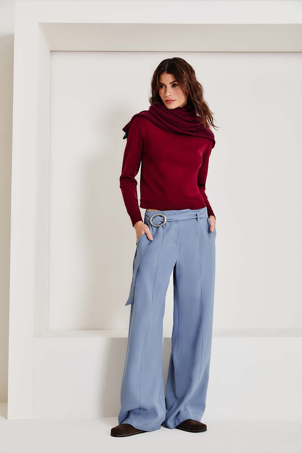 Calça Pantalona Com Cinto - Azul Marine