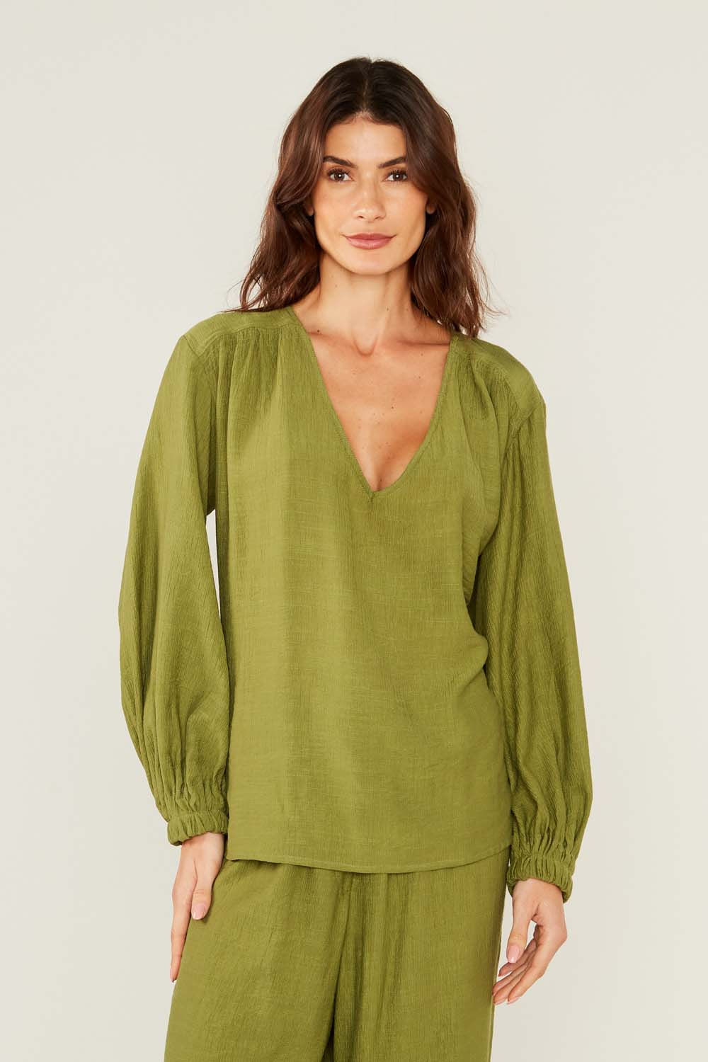 Blusa Casual Punho Elástico - Verde Militar